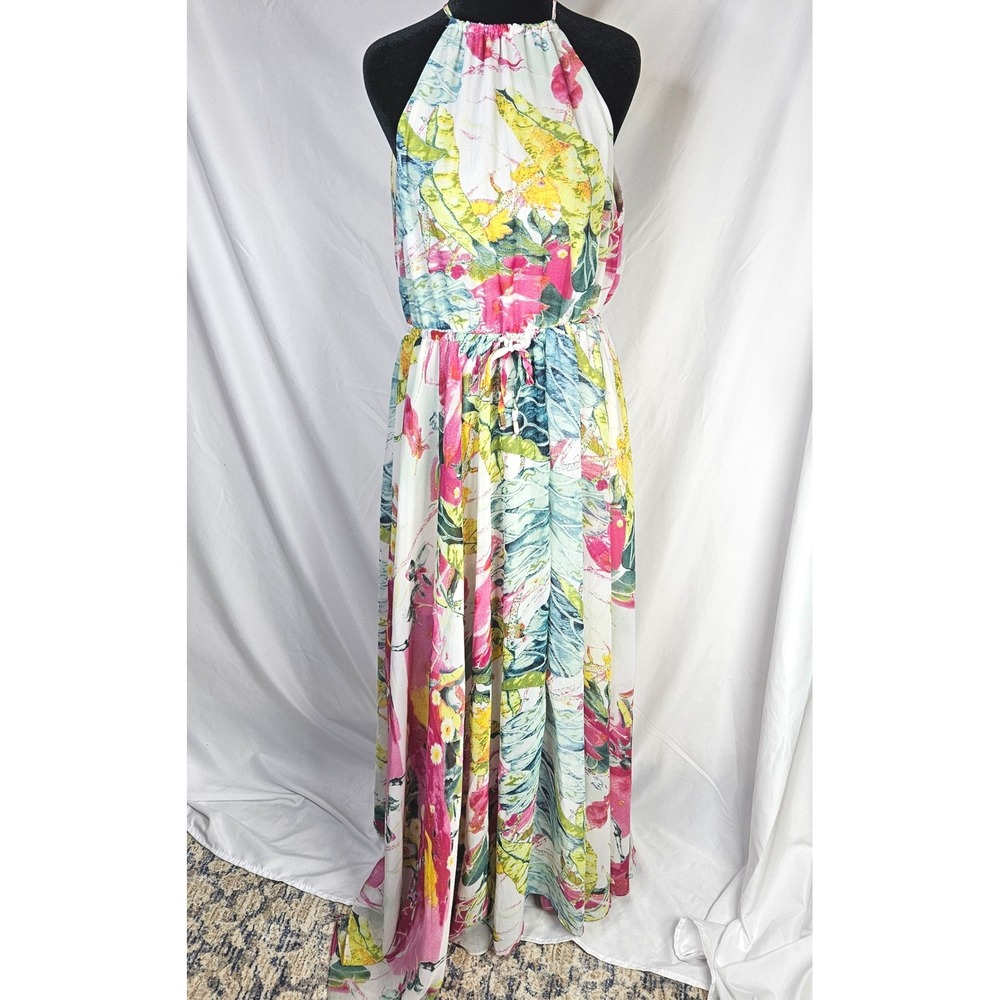 Women's Bishop + Young Floral Halter‎ Maxi Dress Flowy Lined Side Slit Sz Small